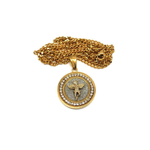 24in 3mm Curb Chain With Angel Round Pendant STL_025 - WORLDSTARBLING