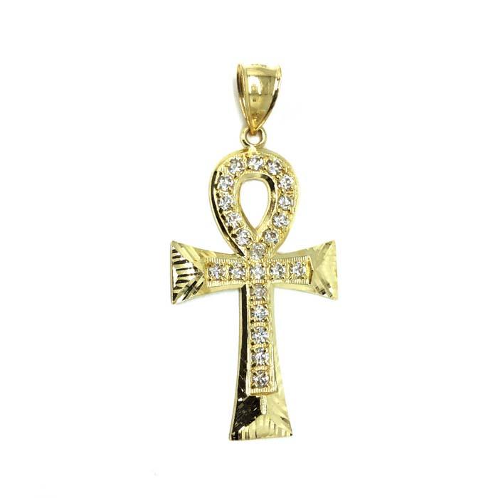 10K Yellow Gold Cross Ankh Pendant Diamond Cut and Zircons L GAP-006 - WORLDSTARBLING