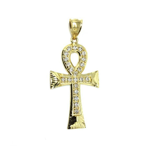 10K Yellow Gold Cross Ankh Pendant Diamond Cut and Zircons L GAP-006 - WORLDSTARBLING