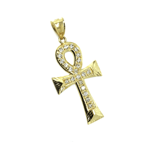 10K Yellow Gold Cross Ankh Pendant Diamond Cut and Zircons L GAP-006 - WORLDSTARBLING