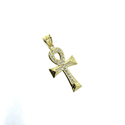 Yellow Gold Ankh Cross Pendant with Diamond Cut and Zircons S GAP-008 - WORLDSTARBLING