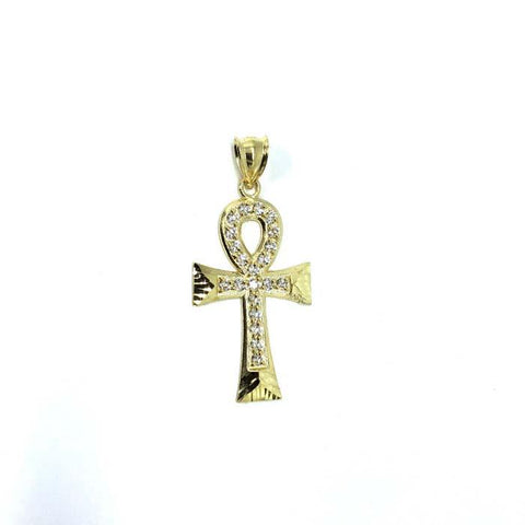 Yellow Gold Ankh Cross Pendant with Diamond Cut and Zircons S GAP-008 - WORLDSTARBLING