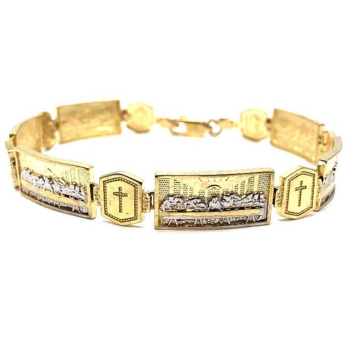 Or jaune 10K 10MM La Dernière Cène & Cross Bracelet MBG-030