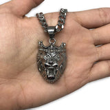 24IN 6MM WHITE STERLING STEEL CHAIN WITH LION CROWN PENDANT STL_067 - WORLDSTARBLING