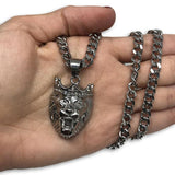 24IN 6MM WHITE STERLING STEEL CHAIN WITH LION CROWN PENDANT STL_067 - WORLDSTARBLING