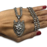 24IN 6MM WHITE STERLING STEEL CHAIN WITH LION CROWN PENDANT STL_067 - WORLDSTARBLING