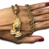 24IN 4MM Rope Chain Gold Plated Stainless With Praying Hands Pendants STL_075 - WORLDSTARBLING