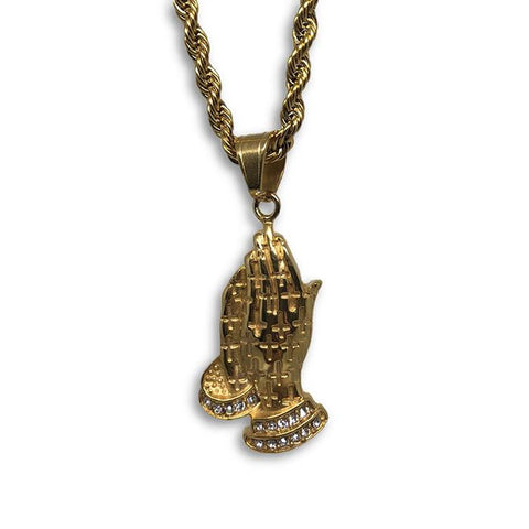 24IN 4MM Rope Chain Gold Plated Stainless With Praying Hands Pendants STL_075 - WORLDSTARBLING