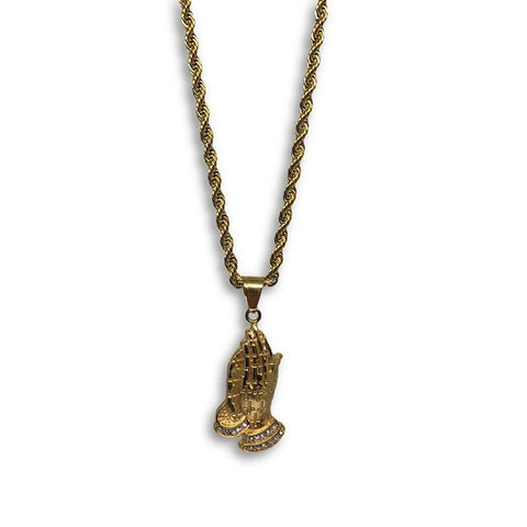 24IN 4MM Rope Chain Gold Plated Stainless With Praying Hands Pendants STL_075 - WORLDSTARBLING