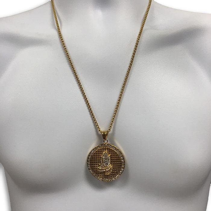 24IN 4MM Rollo Chain Gold Plated Stainless With Round Praying Hands Pendant STL_084 - WORLDSTARBLING