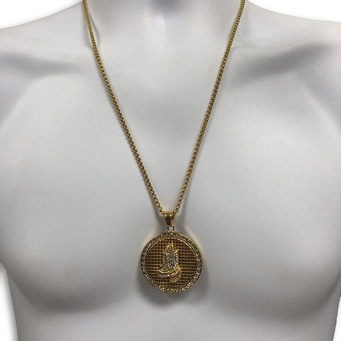 24IN 4MM Rollo Chain Gold Plated Stainless With Round Praying Hands Pendant STL_084 - WORLDSTARBLING