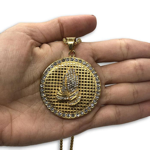 24IN 4MM Rollo Chain Gold Plated Stainless With Round Praying Hands Pendant STL_084 - WORLDSTARBLING