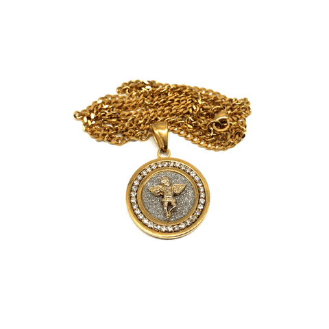 24in 3mm Curb Chain With Angel Round Pendant STL_025 - WORLDSTARBLING
