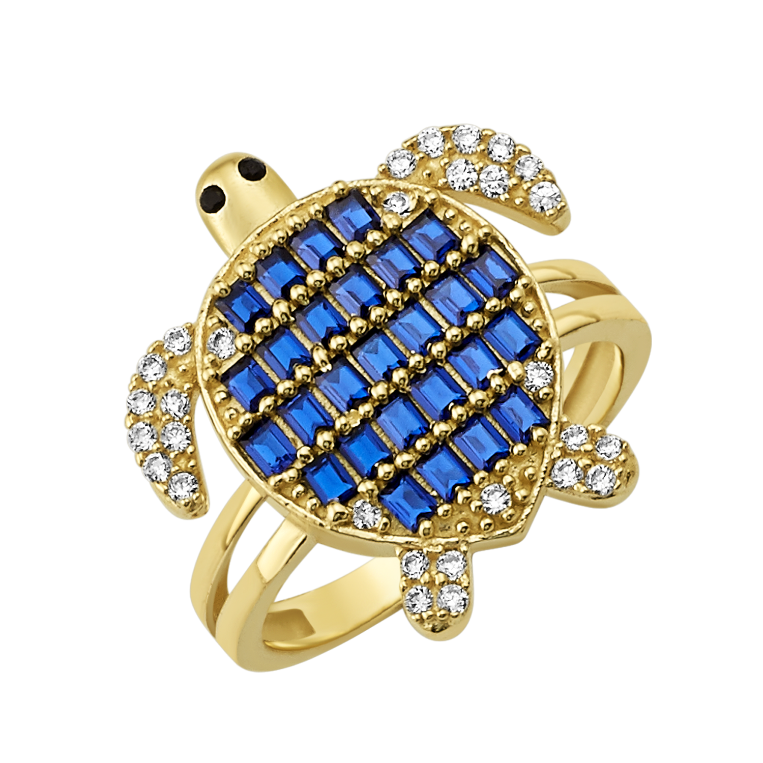 Turtle Shell Bling 10K/14K Gold Blue & White Baguette Turtle Shell Ring - NEWR-017 – World ...