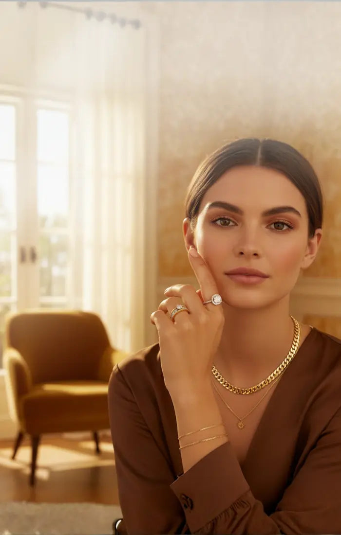 Woman wearing gold jewelry in a warm-toned room