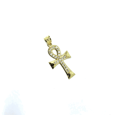 10K Yellow Gold Cross Ankh Pendant With Diamond Cut &  Zircons XS GAP-009 - WORLDSTARBLING