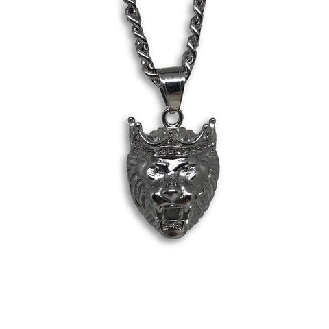24IN 6MM WHITE STERLING STEEL CHAIN WITH LION CROWN PENDANT STL_067 - WORLDSTARBLING