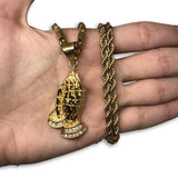 24IN 4MM Rope Chain Gold Plated Stainless With Praying Hands Pendants STL_075 - WORLDSTARBLING